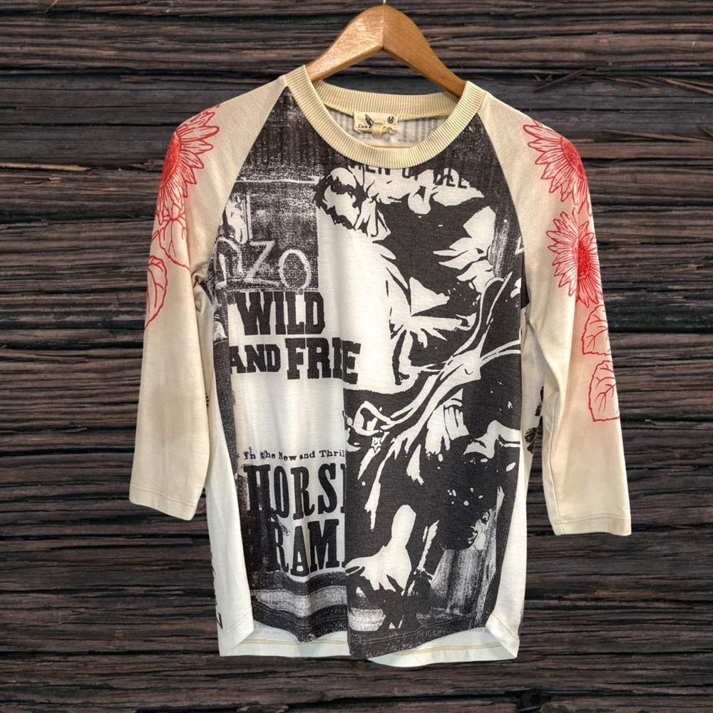 Anthropologie Cream and Black Graphic Sweatshirt with Vintage Horse Design